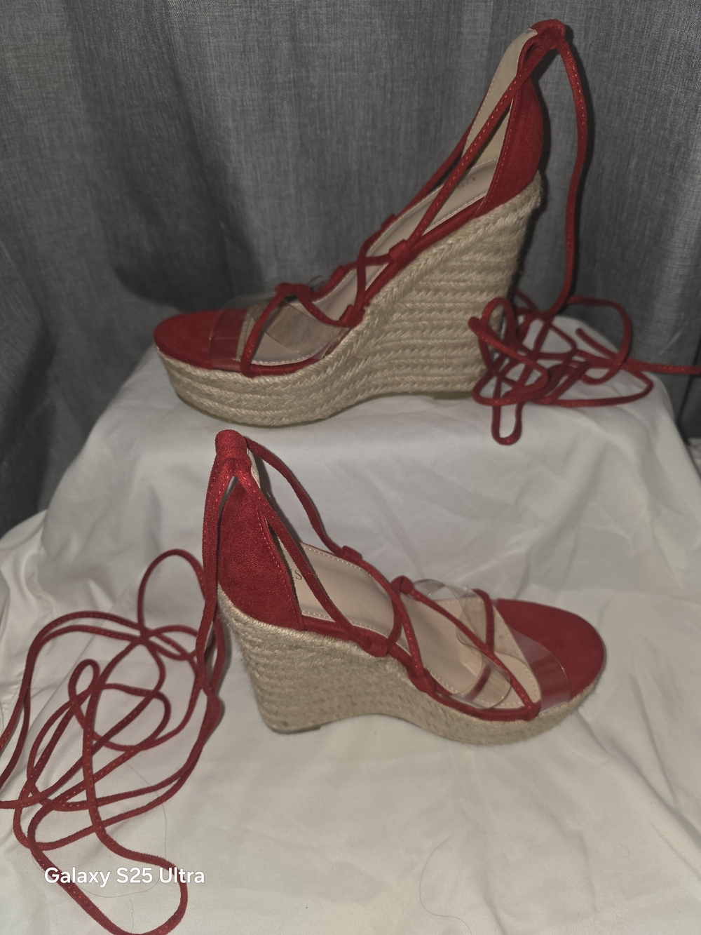 Red Lace-Up Espadrille Wedge Sandals